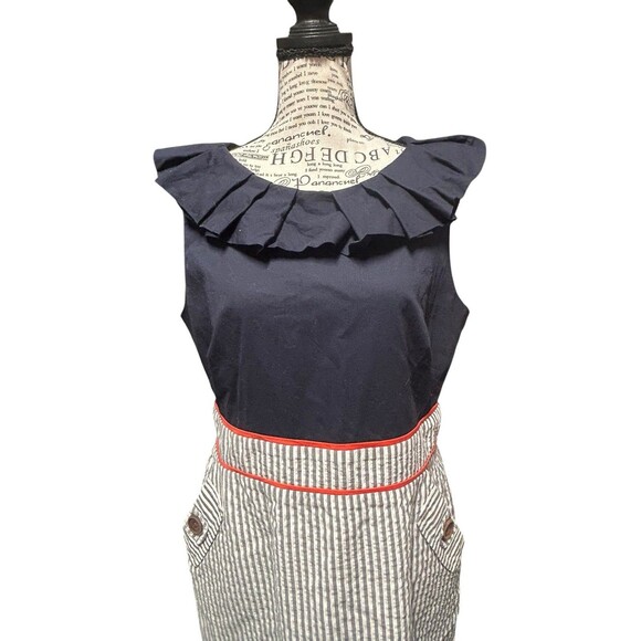 ALYX Nautical Navy Striped Dress with Ruffled Collar Size 14 Coastal Vacation - Picture 2 of 9